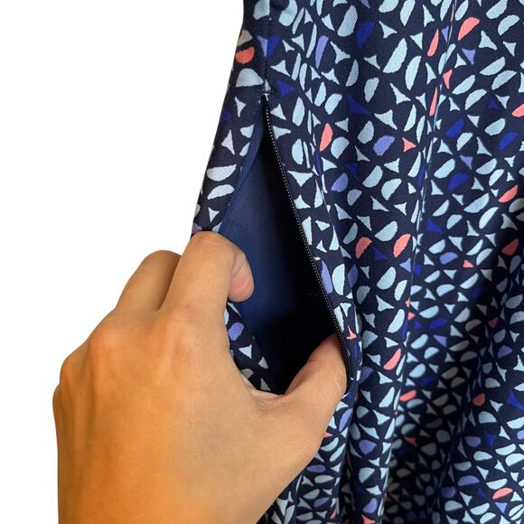 Title Nine Dream V Neck Dress Wild Waves Geometric Print Navy Blue Travel Size L - Picture 7 of 11